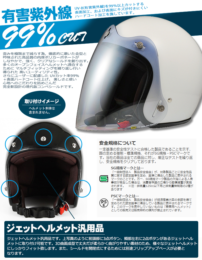 3D立体コンペシールド スモールジェットヘルメット 三つボタン 汎用品 カスタムパーツ UVカット ブラックスモーク 72JAM CPS-04 売れ筋  - オークション価格相場研究所